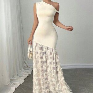 Apricot Elegant Women's Twist Shoulder Slim Fit Bodycon Fish Tail Jacquard Dress